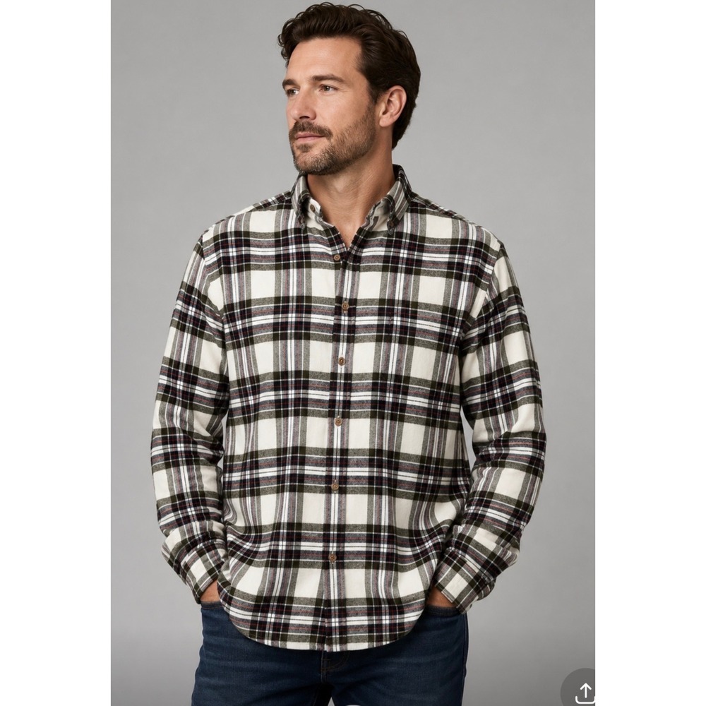 Croft & Barrow Mens Tall XXL Flannel‎ Shirt Plaid Cotton Button Down Green Ivory